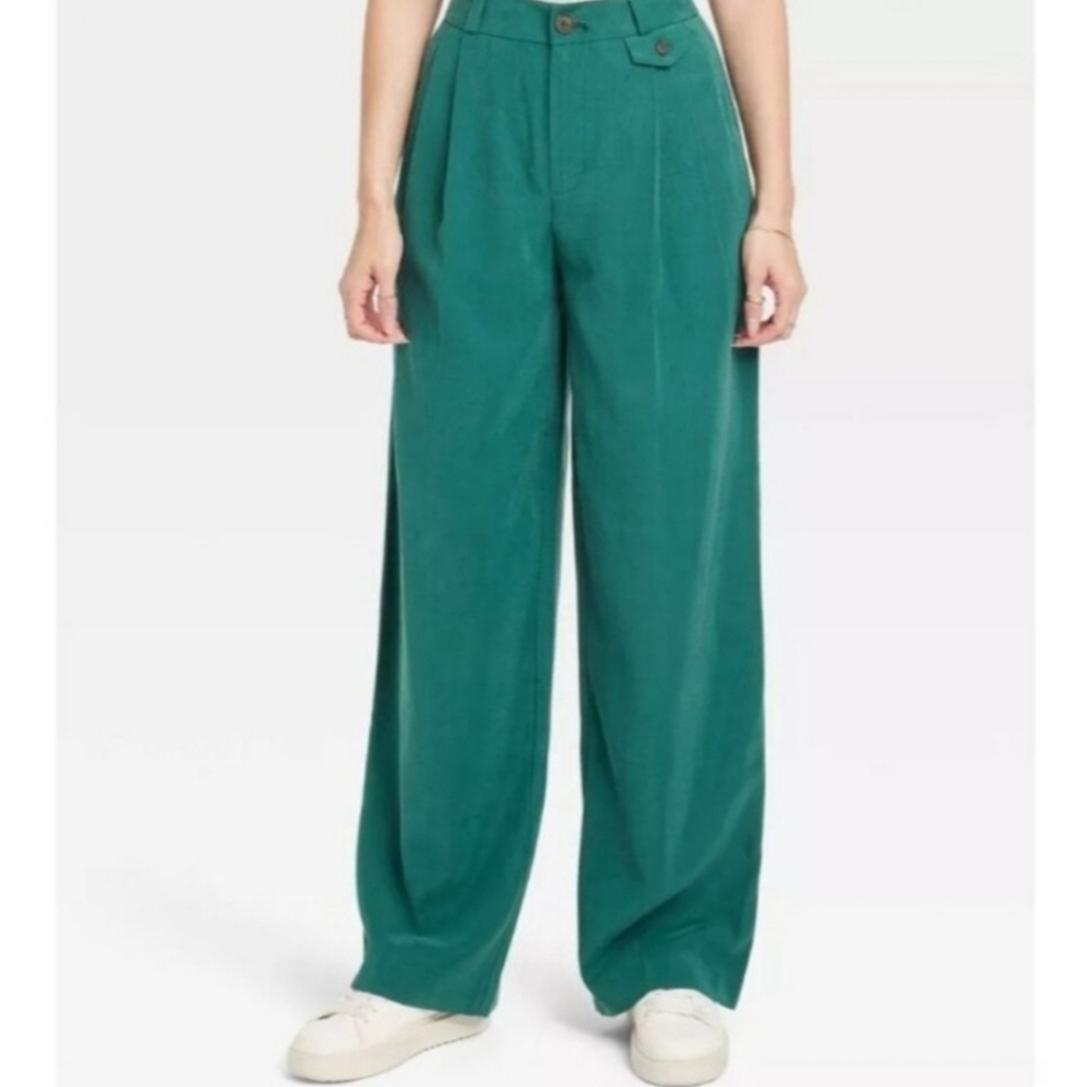 A New Day Green High-Rise Wide Leg Pleated Front Pant - Dark Green - 6